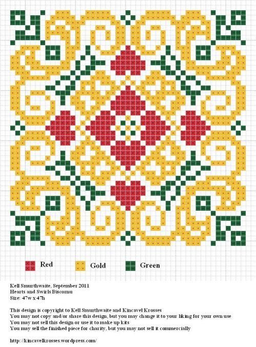 Square cross-stitch chart with gold scroll motifs, green leaves, and red diamond shapes on a grid