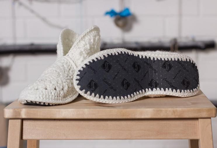 Side view of crochet house slippers on ready-made soles