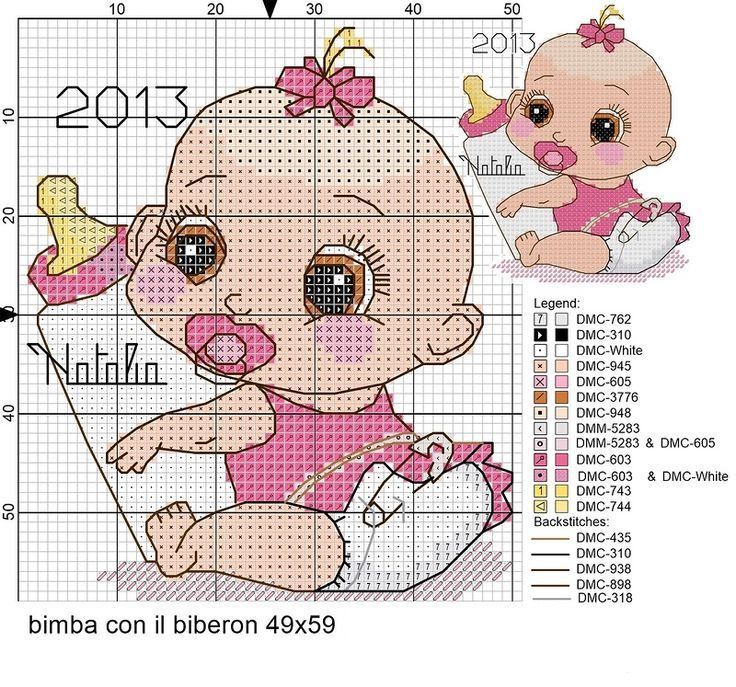 Cross-stitch birth sampler chart of a baby with a dummy, banana, duck, and bootie