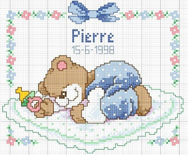 Cross-stitch birth sampler chart with a sleeping teddy bear, a blue blanket, and the name Pierre