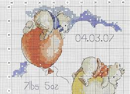 Cross-stitch birth sampler chart with a stork carrying a baby in a blue bundle