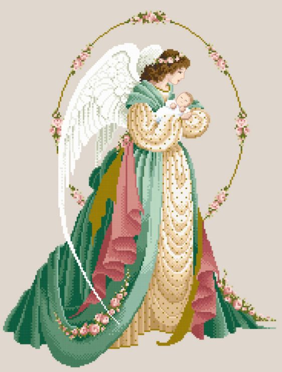 Cross-stitch design of an angel cradling a baby, framed by a rose garland