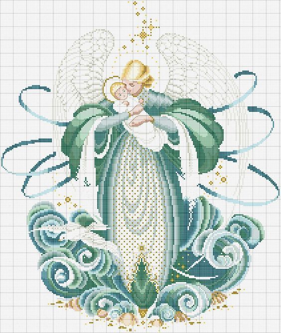Cross-stitch design of an angel holding a baby above stylized blue waves