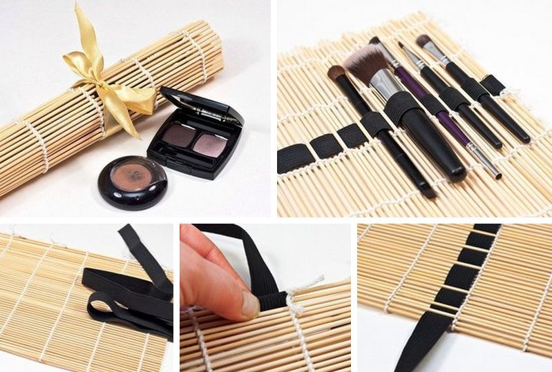 Five-panel collage showing a bamboo mat brush roll with elastic loops, makeup brushes, and close-up assembly steps