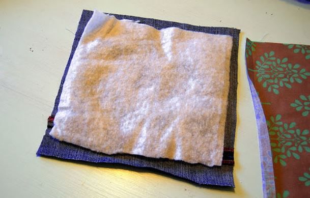 Square of denim, insulation, and lining