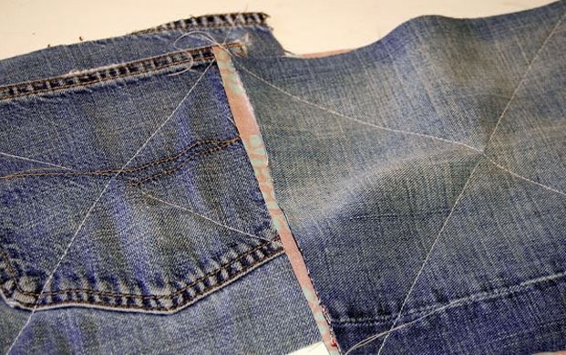 Denim square stitched along the diagonals