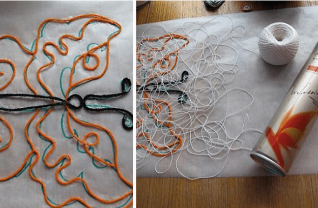 Laying out colored threads along the butterfly outline