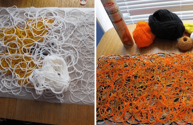 Layer of tangled threads and a fabric sample in the crazy wool technique