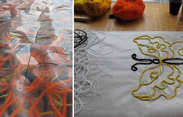 Transparent base over colored threads for the next section of the scarf