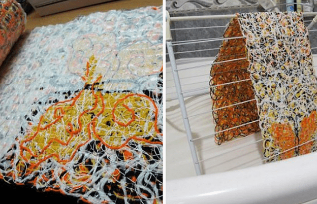 Rinsed crazy wool scarf on a drying rack