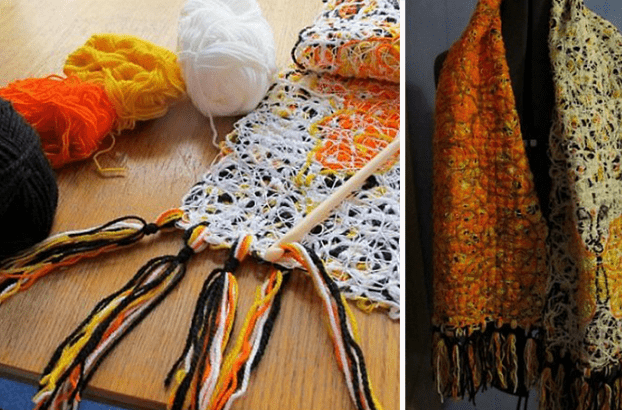 Adding fringe to the finished crazy wool scarf