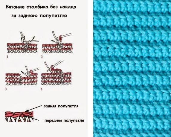 Схема вязания столбика без накида за заднюю полупетлю и образец рубчика