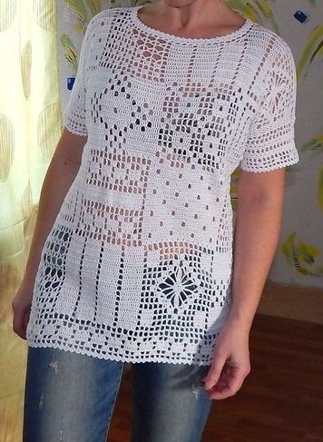 Ажурная кофта в стиле пэчворк на женщине