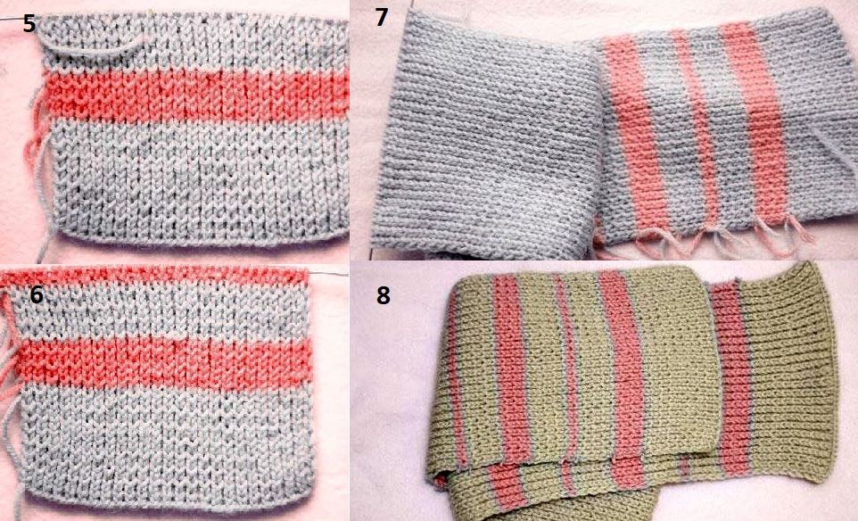 Stages of knitting a striped scarf with two colors of yarn