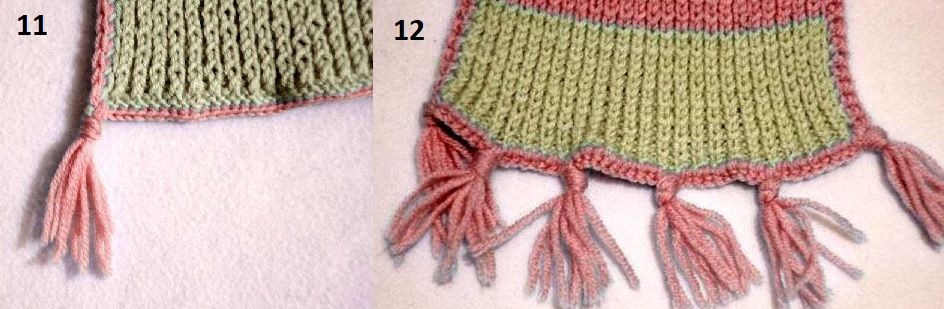 Finished tassels along the edge of the knit children's scarf