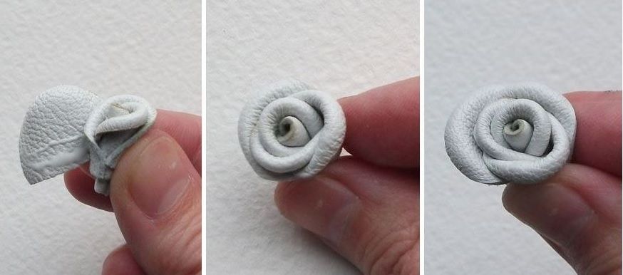 Shaping a little rose from white leather for the winter brooch