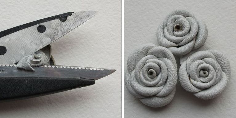 Trimming a leather petal for the winter brooch with scissors