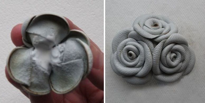 Assembling several little roses from white leather for the brooch