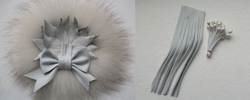 The fur base and leather pieces of the winter brooch before assembly