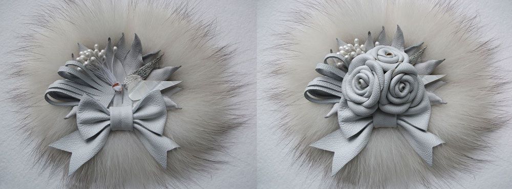 Two fur bases for the winter brooch with leather flowers