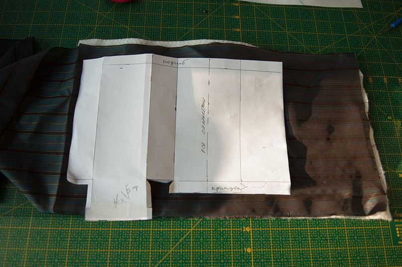 Paper pattern on fabric for cutting a tote bag