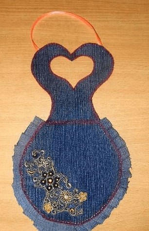Handmade denim apron upcycled from jeans as a gift for an older sister