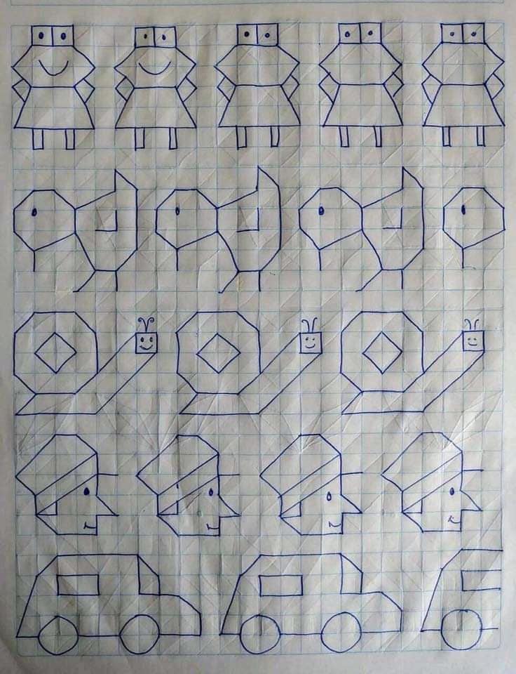 Лягушки, рыбки, улитки, птицы и машины, нарисованные на бумаге в клетку