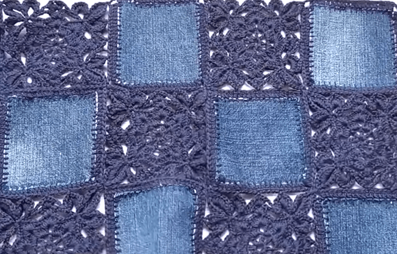 Crochet squares combined with denim fabric