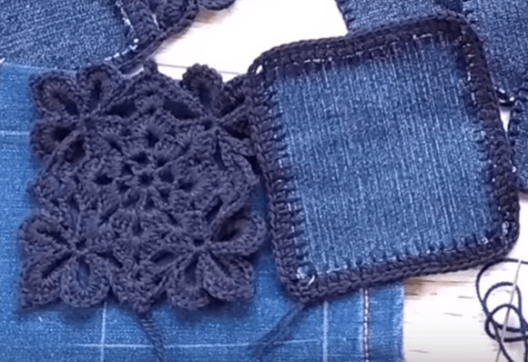 Measuring crochet square against fabric