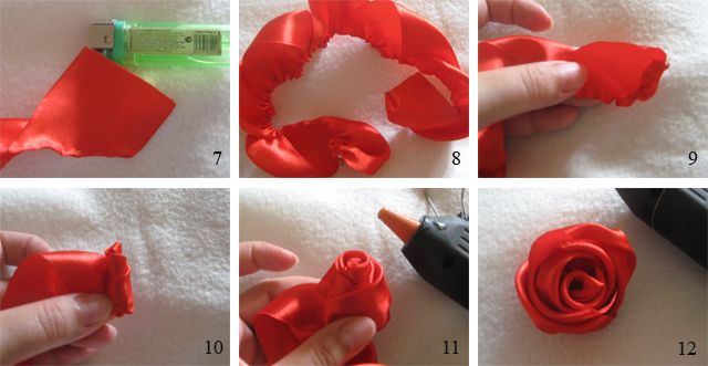 Step-by-step assembly of a rose from wide ribbon