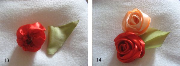 Wrong side of a ribbon rose and finished flowers