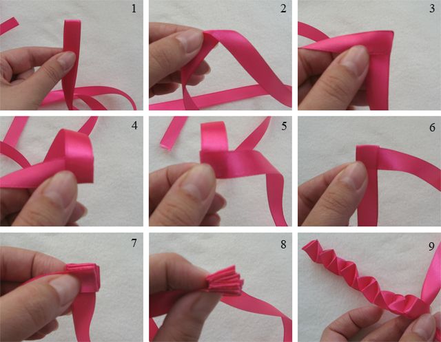 Step-by-step accordion folding of narrow ribbon for a rose