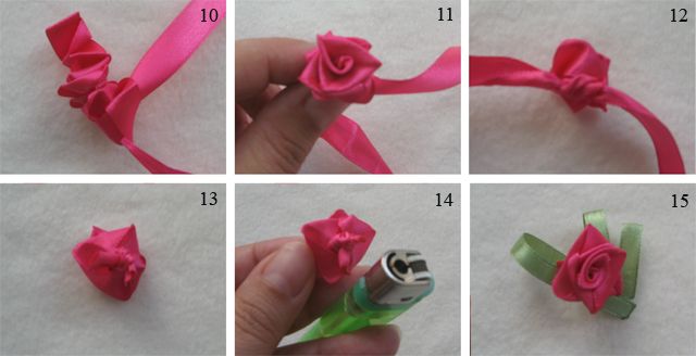 Final assembly steps for a rose made from narrow ribbon