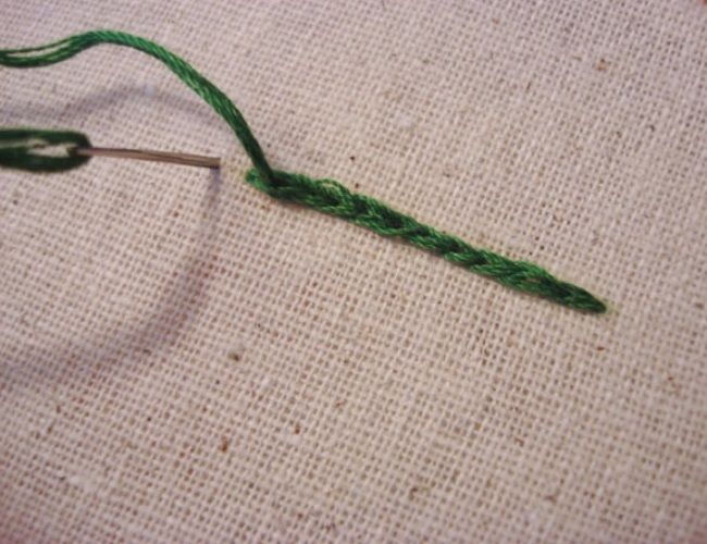 Green split stitch close-up on fabric