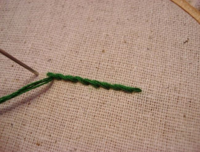 Line of green stem stitches on fabric
