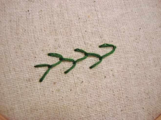 Twig made from green decorative stitches