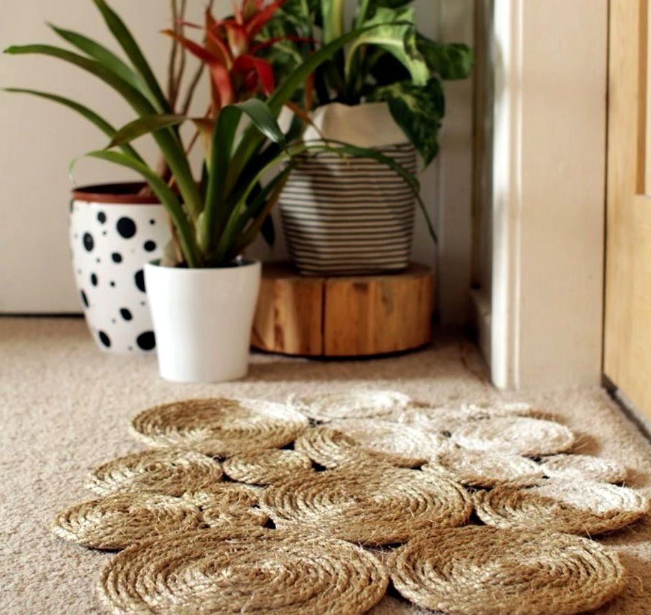 Entryway rug assembled from small coiled-rope circles