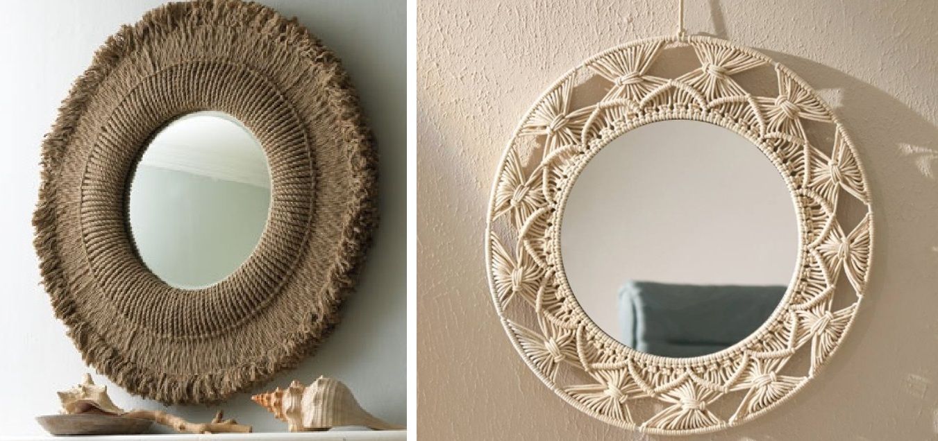 Two round mirrors with fringed rope and knotted macramé frames