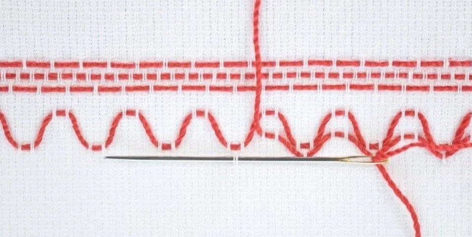 Working long red stitches in Swedish embroidery