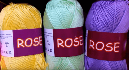 Три мотка пряжи ROSE жёлтого, мятного и сиреневого цветов