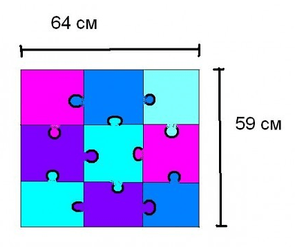 Diagram of a children's puzzle mat with dimensions of 64 by 59 cm