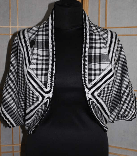 Wrap made from a plaid scarf on a mannequin, front view