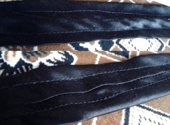 Close-up of a black gathered strap for a sleep mask