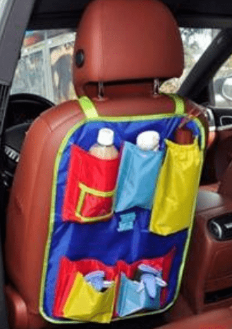 Bright car organizer with colorful pockets on a seat back