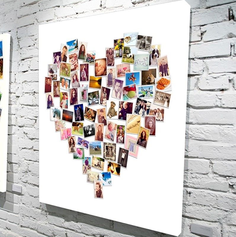 Heart-shaped photo collage on a large canvas