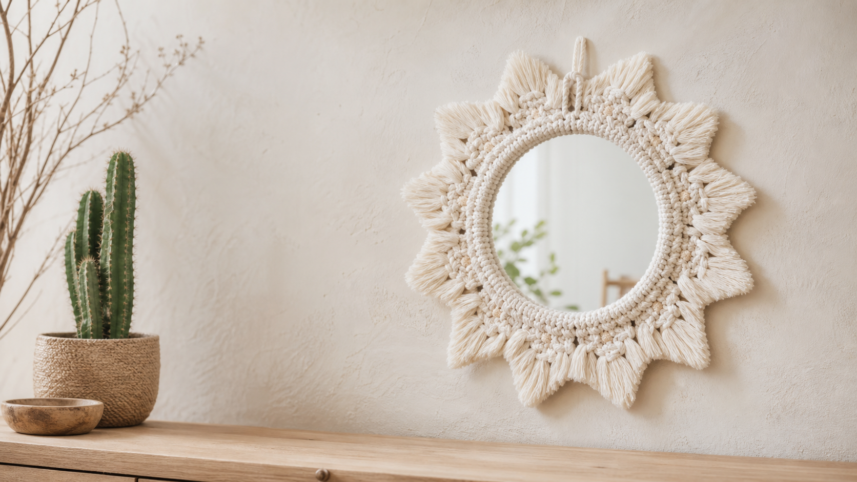 Round mirror with a cream macramé frame and fringed knots