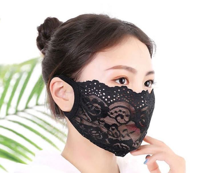 Person wearing a black lace face covering