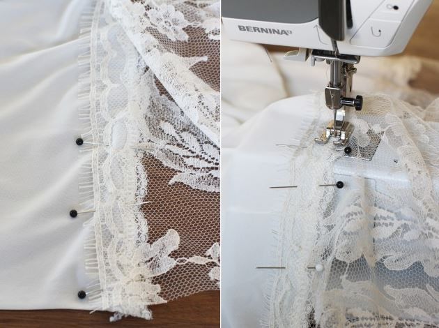Attaching lace to the bottom of the dress
