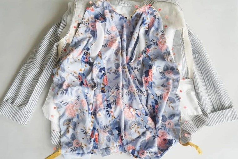 Floral lining pinned inside a jacket before sewing