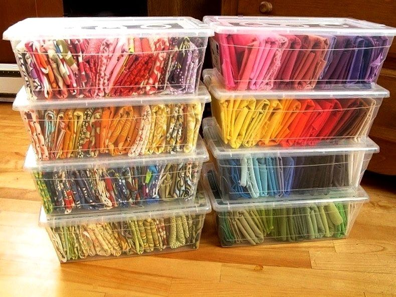 Fabrics sorted in plastic containers